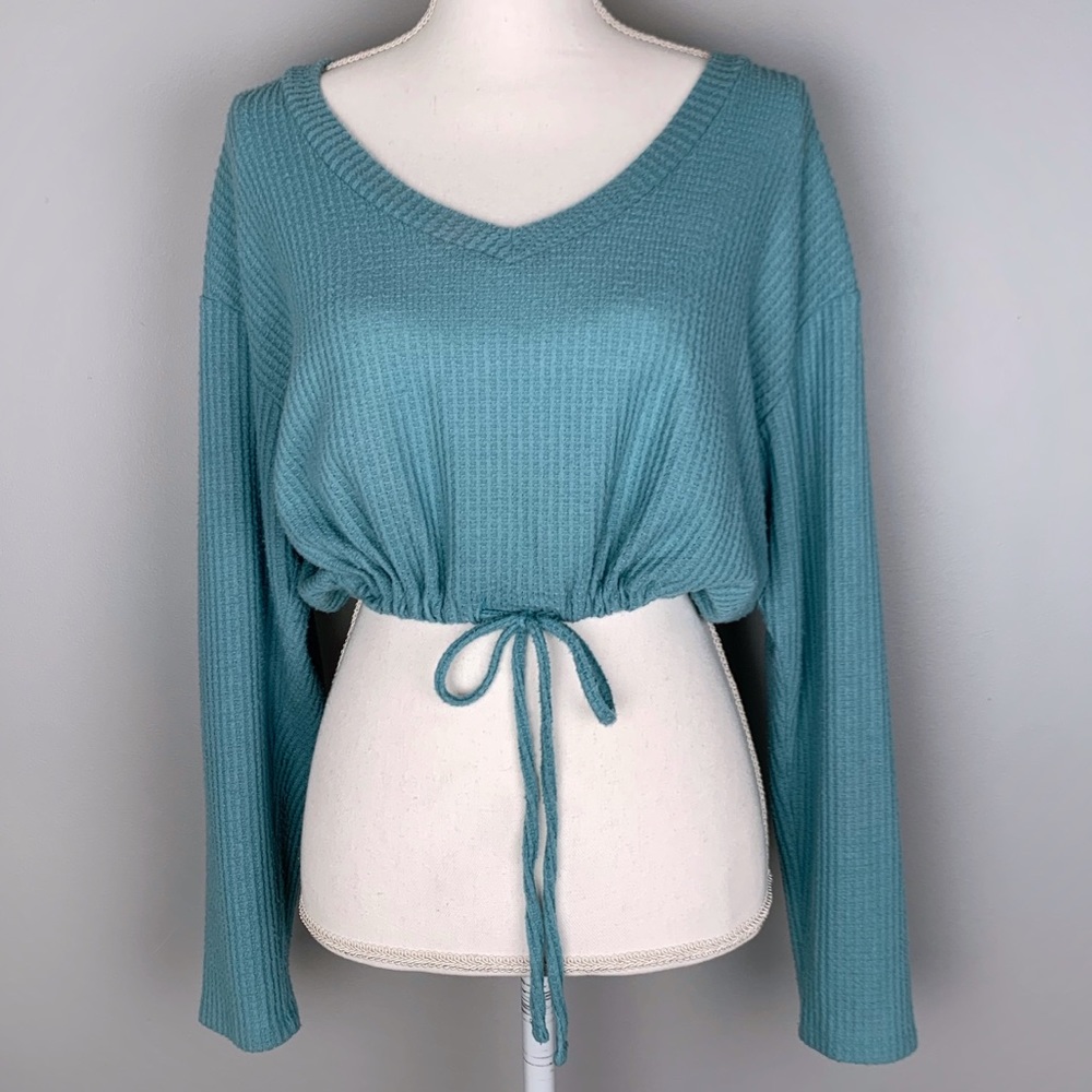 Aeropostale Light Teal Waffle Knit Long-Sleeve Crop with Drawstring (size small)